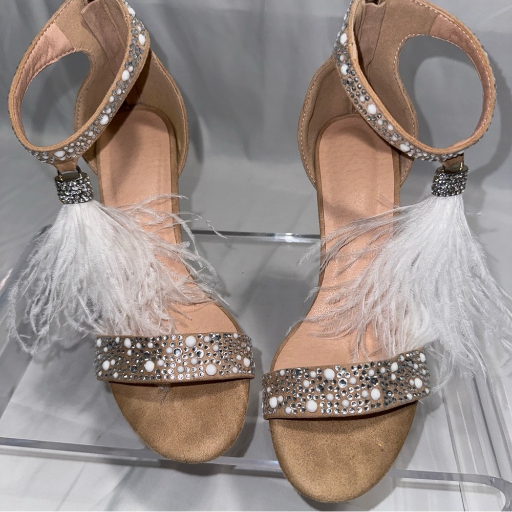 Rhinestone White Feather High Stiletto Heel Tassels Roma Womens Sandals Shoes
